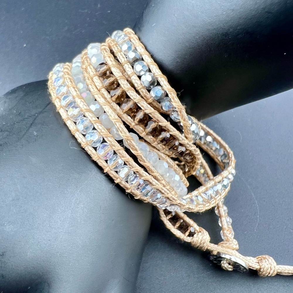Victoria Emerson Beaded Wrap Bracelet Tri-Colored Crystals Sand Long 34”-37”